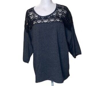 Hannah Lace Detail 3/4 Sleeve Gray and Black Cotton Top XL